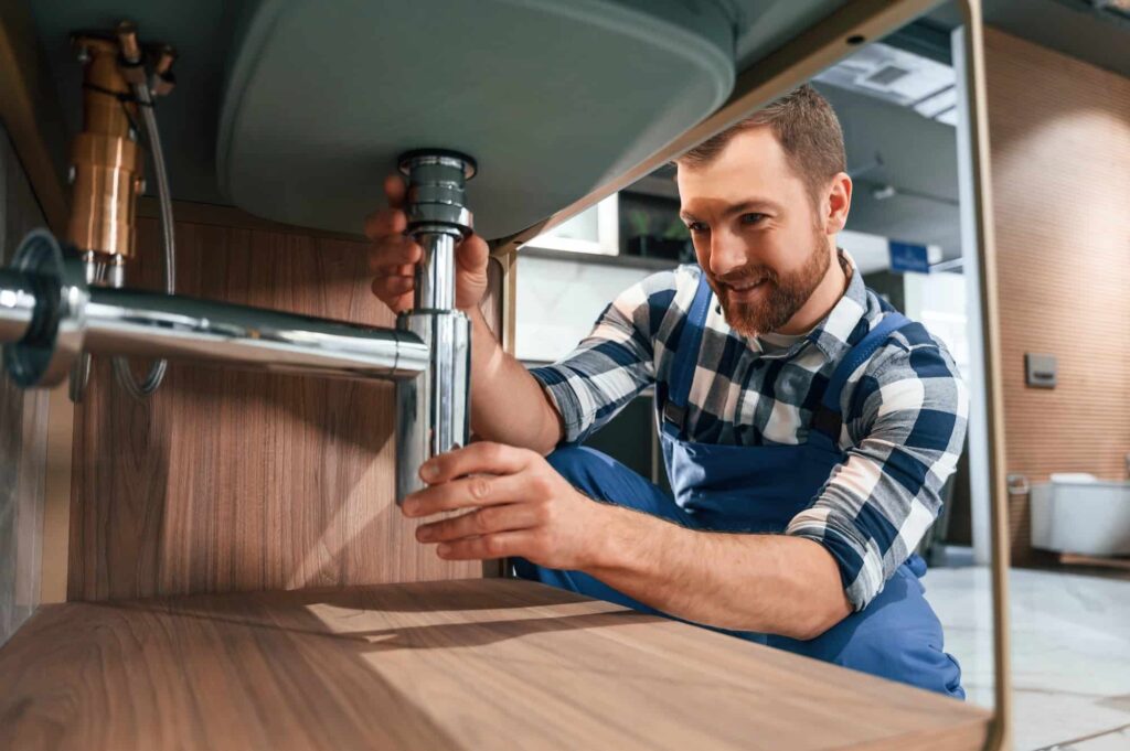 Plumber in blue uniform fixing a water tap in a bathroom